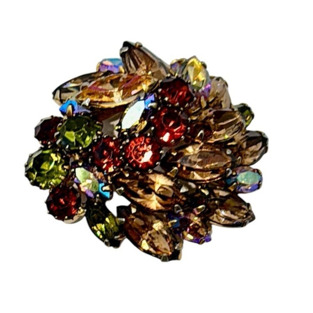 Weiss Signed STUNNING Colorful Rhinestone Pin Brooch Vtg Amber Marquise AB RED